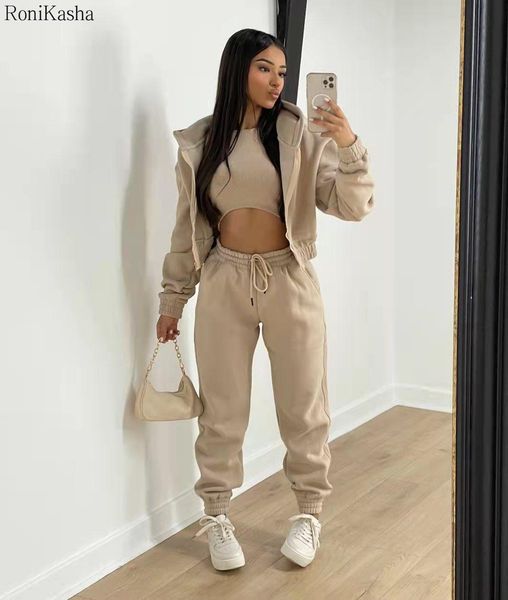 

pants winter three piece set womens outfit tracksuit zip hoodies+ high waist jogger pant sweatpants casual matching suit, White