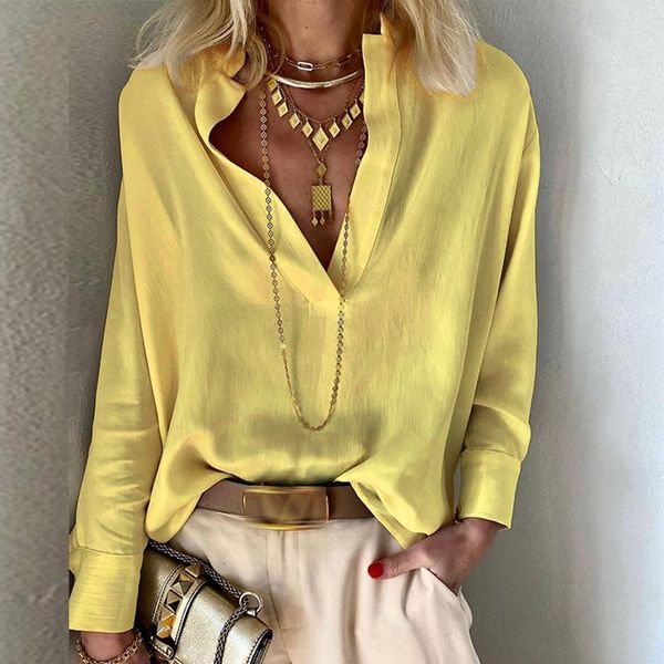 

t-shirt autumn fashion simple loose tee shirts women vneck long sleeve party blouse spring office elegant cotton linen solid, White