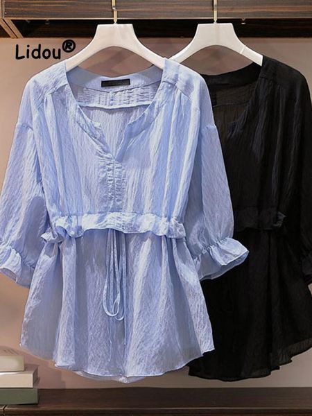 

t-shirt elegance office pleated ruffles lace up blouse women summer classic half sleeve vneck loose fashion solid color chiffon shirt, White