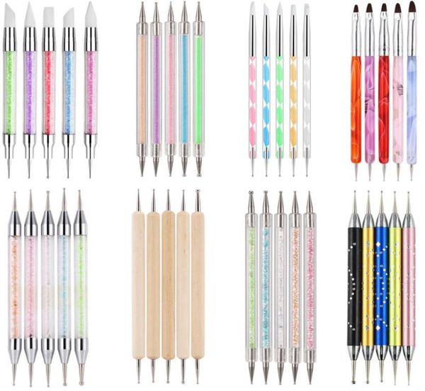 

5pcs 2 way nail art acrylic silicone point double head nails pen stainless steel dotting tools marbleizing gems picking tool wax p7653125, Silver