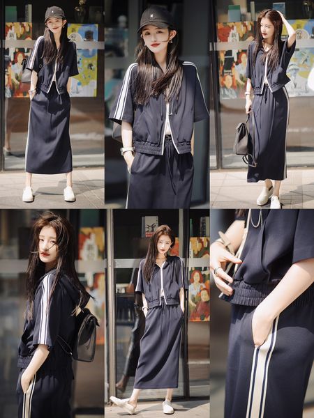 

women's two piece dress colored short sleeve elastic waist half skirt two piece set skirt multicolor two-piece dress, White
