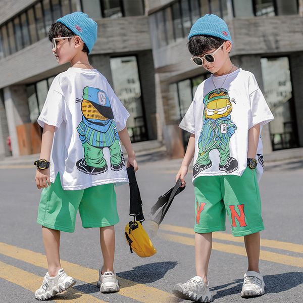 

clothing sets fashion summer teenage boy clothes boys for 4 6 8 10 12 14 year hiphop korean casual tshirt shorts 2pcs funny cartoon suit 230, White