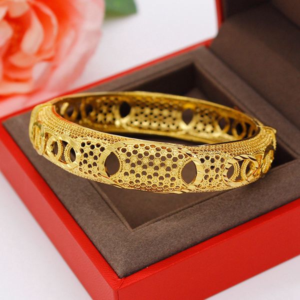 

women bangle bracelet round hollow dubai wedding lady real 18k gold color solid bridal jewelry gift dia 72mm, Black