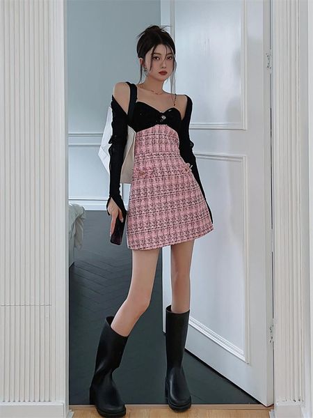 

dress plaid twopiece dress ladies korean retro small fragrance stitching dresses slim hollow long sleeve cardigan women summer suit, White