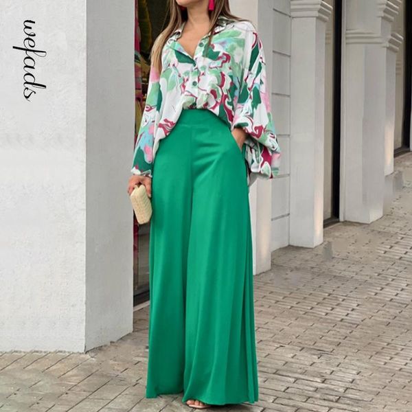 

pants wefads womens two piece sets long puff sleeve shirt elegant solid color wide leg pants high streetwear pants sets, White