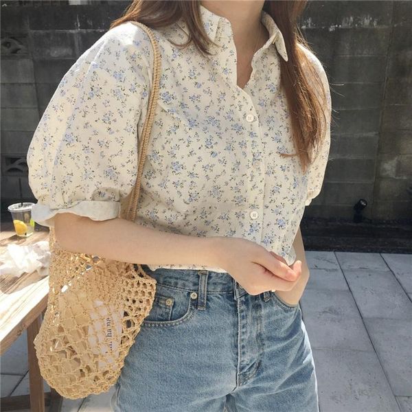 

shirts lamtrip chic floral singlebreasted puff sleeve shirt blouse female 2021 summer, White