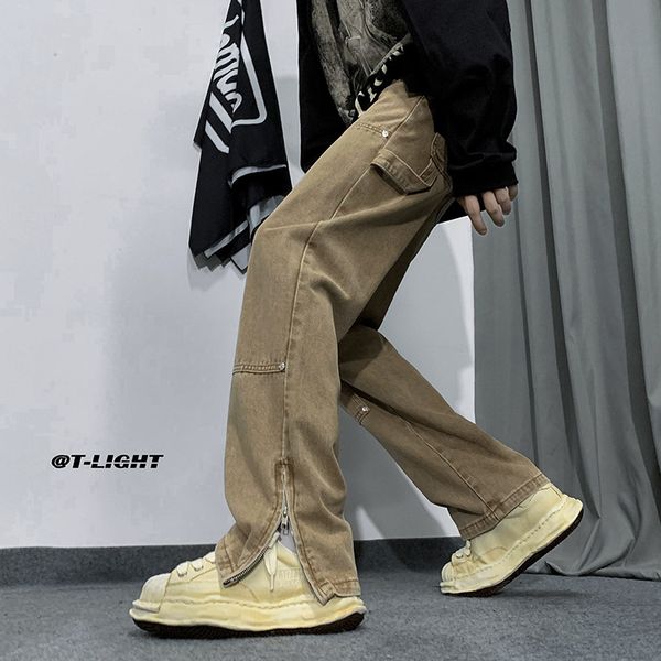 

men's jeans hybskr wide leg straight men high street ins fashion denim rivet design streetwear hip hop black trousers 230419, Blue
