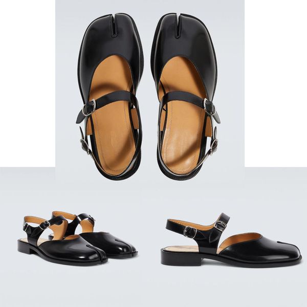 

fashionable men's tabi sandals imitate japanese socks, polished calfskin split toe flat shoes, highlighting men's unique personali, Black