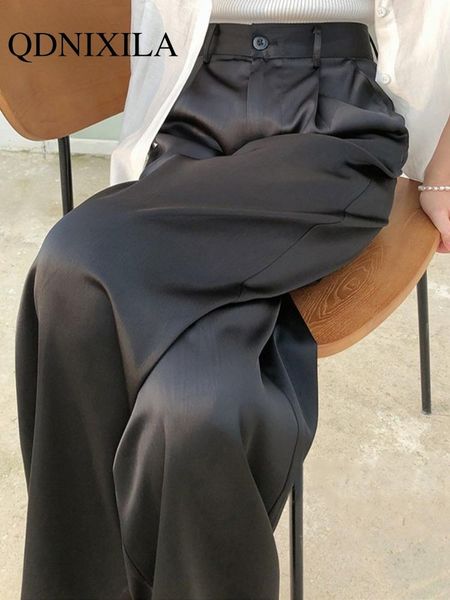 

capris summer autumn women's pants loose classic black straight high waist casual korean silk satin wide leg trousers for women pants, Black;white