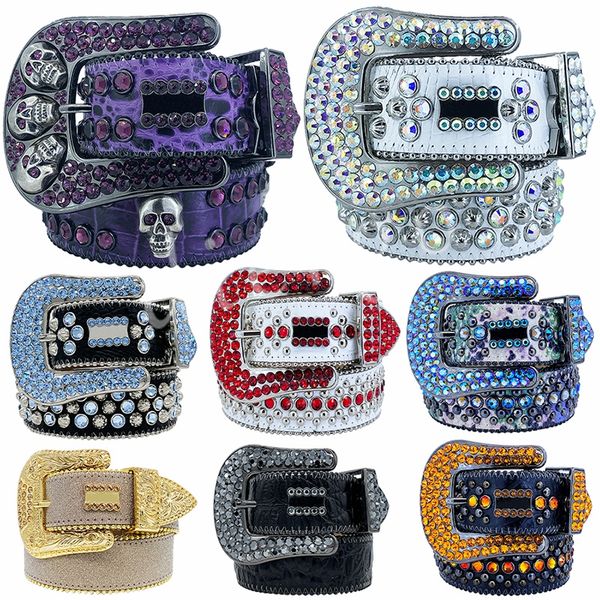 

bb simon belt skull belts for women men designer shiny diamond bling rhinestones retro needle buckle belts black blue white multicolour, Black;brown