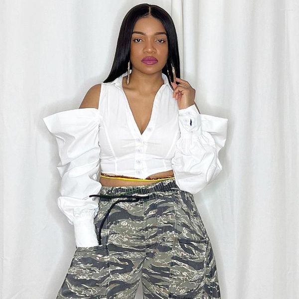 

women's t shirts 2023 women's clothing spring ins lapel off-the-shoulder button trendy shirt for women, White