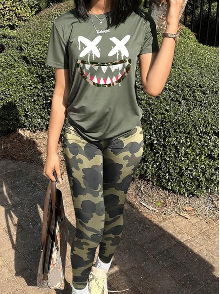 

pants lw two piece sets womens outifits casual short sleeve stretchy fashion loose round neck cool cartoon camo print cargo pants set, White