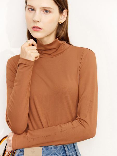 

women's t-shirt amii minimalism autumn t-shirt for women thinny cotton turtleneck long sleeves lettered bottomed female clothing 12241, White