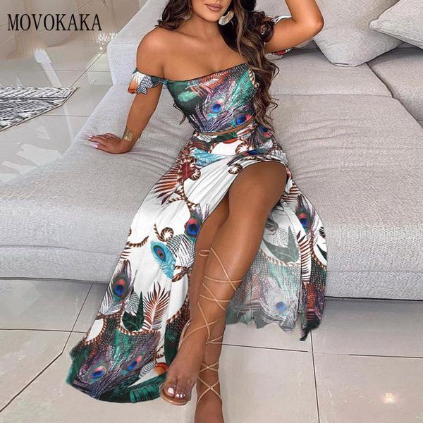 

dress movokaka 2022 summer casaul dress sets women elegant off shoulder and split long dress suit floral print two piece set, White