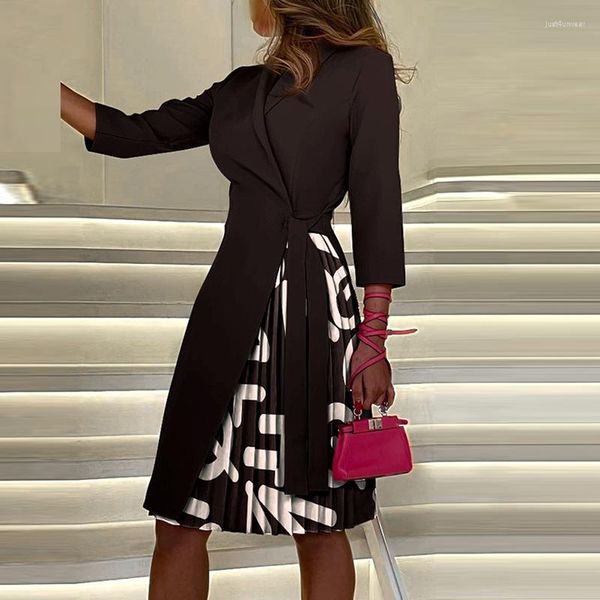 

vintage pleated printing a line party dress women autumn fashion long sleeve patchwork midi dress office lady lace up vestidos, Black;gray
