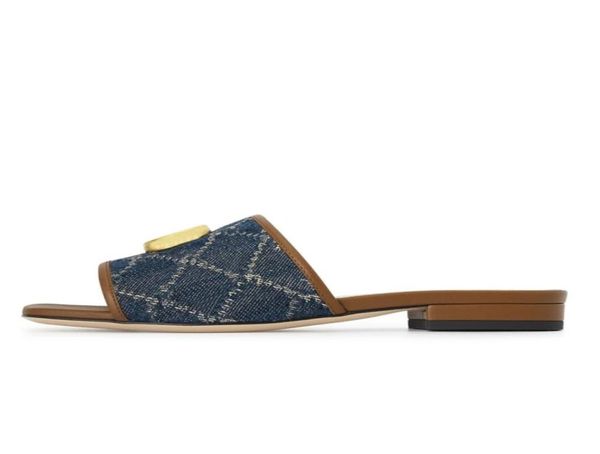 

womens fashion flat slippers 10mm leather slides jacquard denim slide sandals with metal hardware9503576, Black