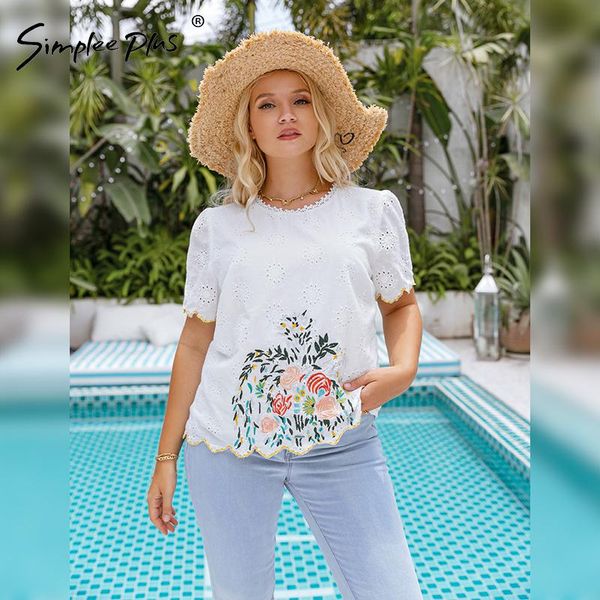 

t-shirt simplee plus holiday emboridery plus size tshirt women solid cotton oversize blouse shirt female fashion oneck floral 4xl, Black