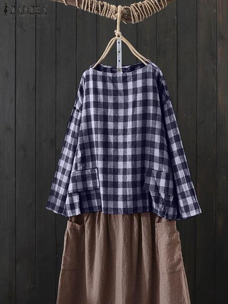 

t-shirt zanzea vintage blouse casual long sleeve shirt autumn check women basic blusas o neck plaid tunic female chemise mujer 2022, White