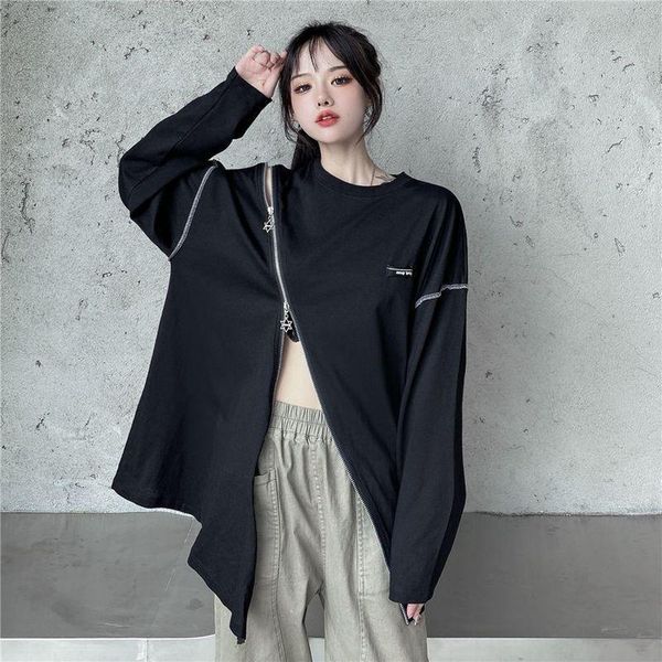 

t-shirt 2022 new summer versatile tshirt zipper scheming split offshoulder korean funko pop midlength shirt women punk streetwear, White