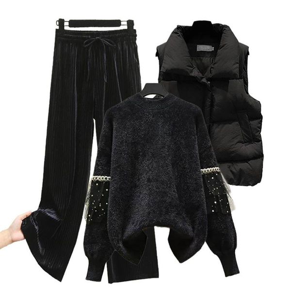 

pants plus size 3 piece set women soft mink pullover sweater + down cotton vest + velvet wide leg pants sets women's tracksuit suit, White