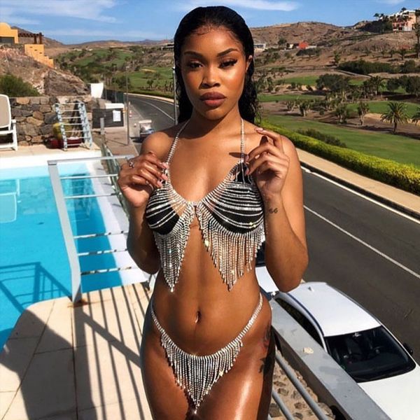 

accessories rhinestone body chain set sparkling tassel nightclub costume show trendy underwear show body chain, Silver