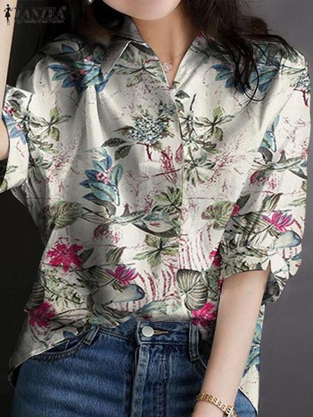 

t-shirt bohemian printed floral blouse 2022 women half sleeve lapel neck female work ol office shirts blusas femininas oversized, White