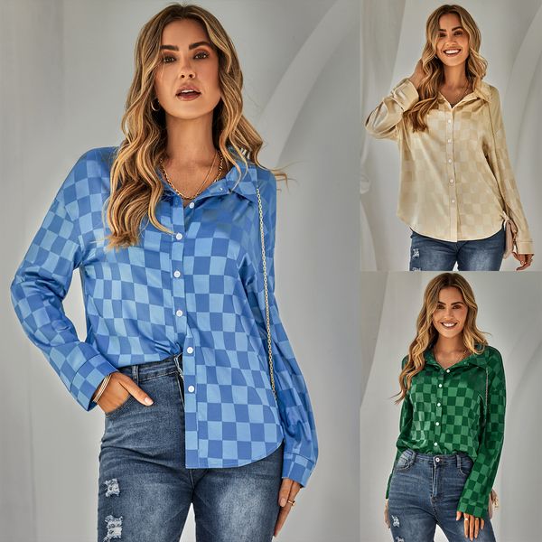 

2022 european and american autumn and winter new foreign trade womens clothing amazon fashion cardigan casual plaid jacquard shirt, White