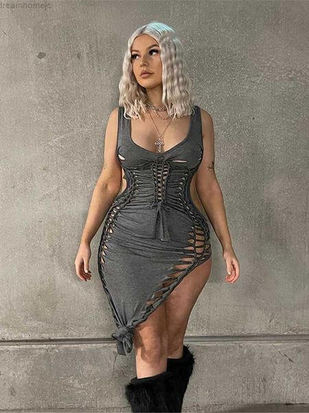 

kliou hollow out mini dresses women y2k elastic drawstring bandage irregular shirring bodycon birthday party clubwear robe 0419, Black;gray