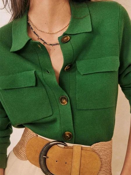 

sweaters 3 colors women's turndown collar sweater long sleeve safari style ladies simple knit cardigan with double pockets knitwear, White;black