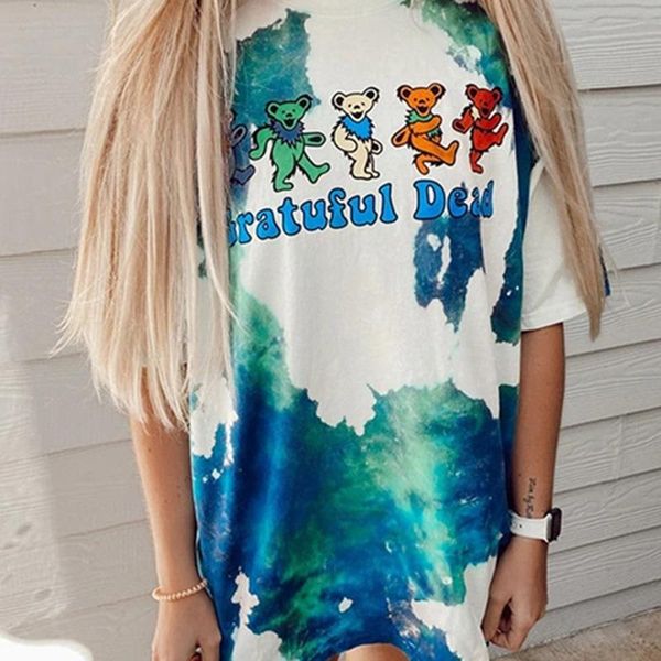 

t-shirt colors bear green vintage tie dye shirts for women teens girls oversized summer tees oneck loose harajuku style female clothes, White