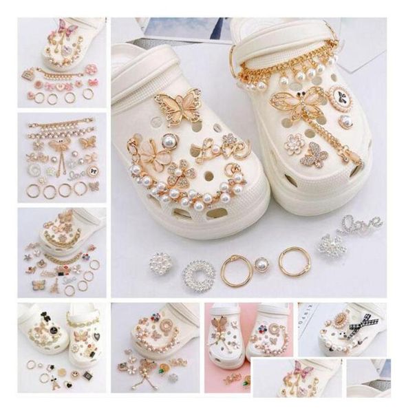 

shoe parts accessories whole sell hole graden metal croc charms removable chain shoes buckle pearl small fragrance flower drop9375499, White;pink