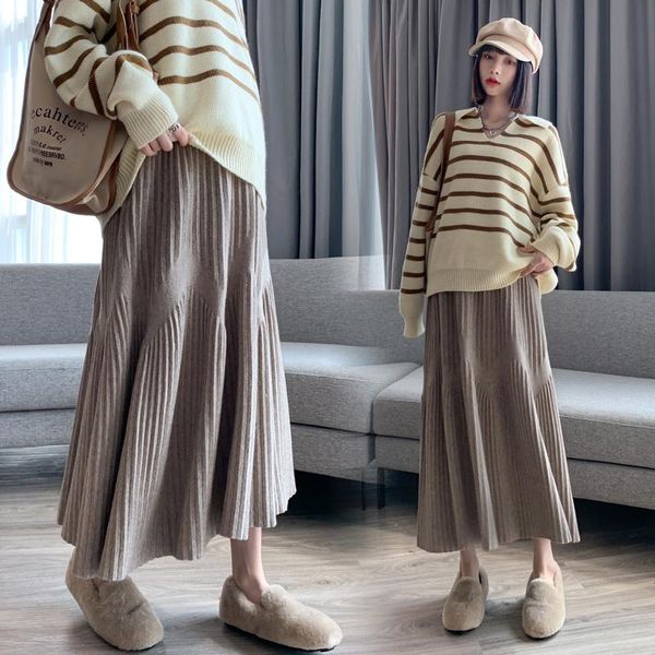 

lounge 5579# autumn winter thick warm knitted maternity skirts elastic waist belly a line loose clothes for pregnant women pregnancy, White