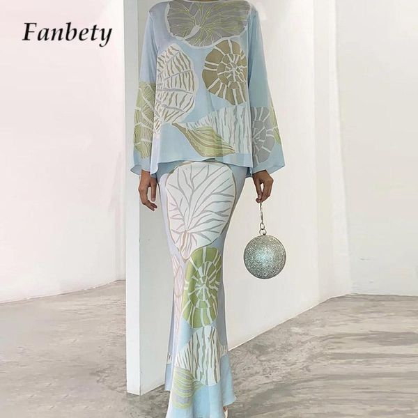 

two piece dress 2023 women elegant patterm print outfits office casual oneck batwing sleeve pullover skirts suits fashion long skirt 2pc set, White