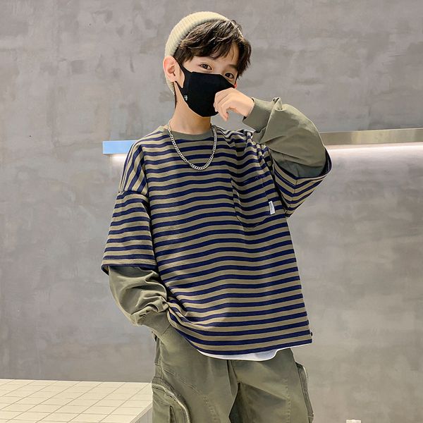 

hoodies sweatshirts boys spring autumn striped fake two fashion children long sleeve tshirt teen boy patchwork pullover clothes 230418, Black