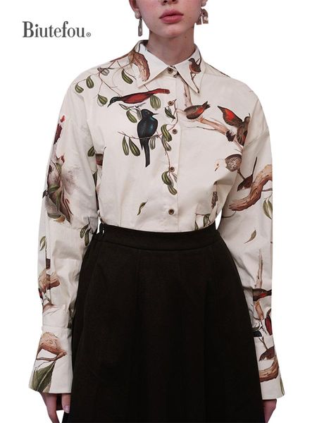 

shirts 2022 autumn women wonderful bird on branche print shirt, White