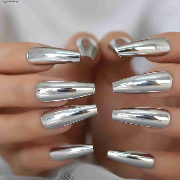 

false nails silver coffin fake nails long ballet metallic false nail tips solid color mirror press on artificial nail salon manicure j230419, Red;gold