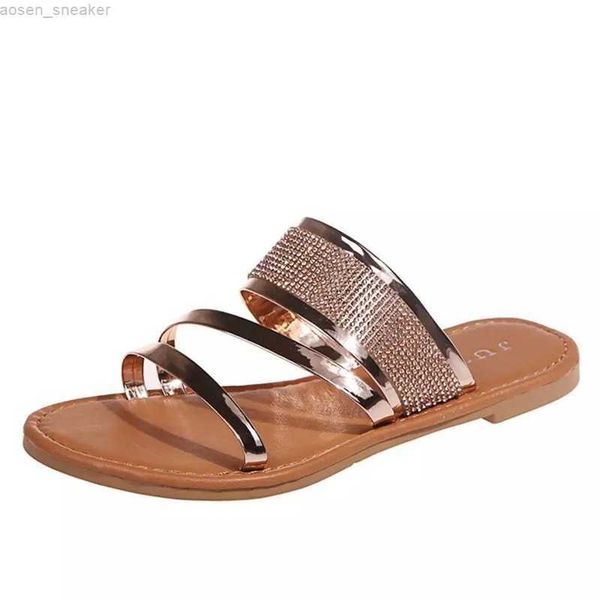 

2022 summer women's shoes plus size 43 fashion glossy rhinestone sandals slippers female summer outdoor casual flat slippers 0419, Black
