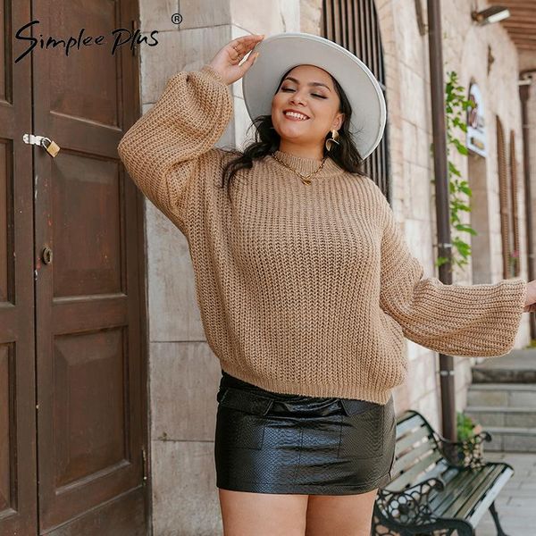 

t-shirt simplee plus causal knitted pullover plus size women lantern sleeve oneck women's oversize jumper solid 3xl warm sweater autumn, Black