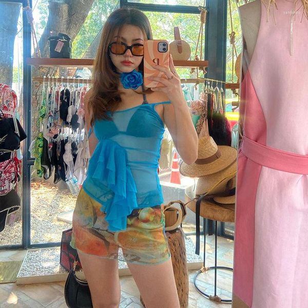 

women's tanks 2000s clothes y2k summer cute sheer mesh flounced downtown girl aesthetic women's t-shirt party camisoles, White