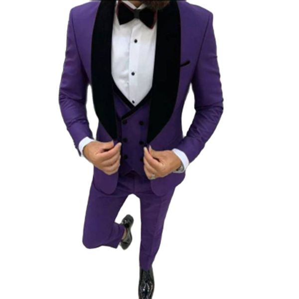 

purple three pieces wedding tuxedos velvet shawl lapel mens suit slim fit groommens suits sets, Black;gray