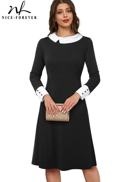 

dresses niceforever autumn women retro peter pan collor plain dresses casual party elegant flare dress a317, Black;gray