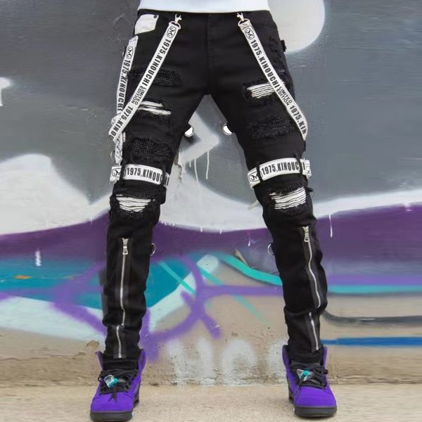 

men's jeans fall skinny slim straight pants fashion black youth street trend ripped cargo white summer 230419, Blue