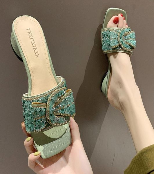 

summer slippers outdoor web celebrity lovely diamond bow chunk heel fairy style low sandals with flipflops2852512, Black