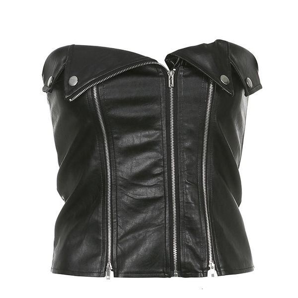 

women's tanks camis keyanketian faux leather y2k clothes sleeveless backless zipper tube crop women club korean fashion streetwear vaca, White