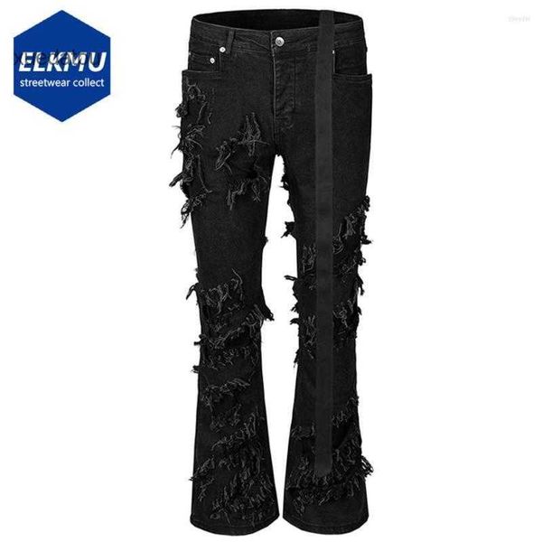 

flared fashion men's men's jeans ripped distressed streetwear black denim pants long ribbons trend man apl1, Blue