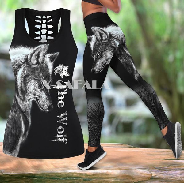 

pants night dark wolf animal two piece yoga set women 3d print vest hollow out tank high waist legging summer casual sport1, White