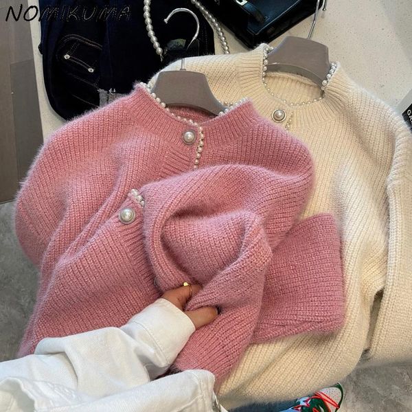 

sweaters nomikuma fashion beads elegant sweater coat korean oneck long sleeve woman knitted cardigan 2021 autumn winter knitwear 6n855, White;black