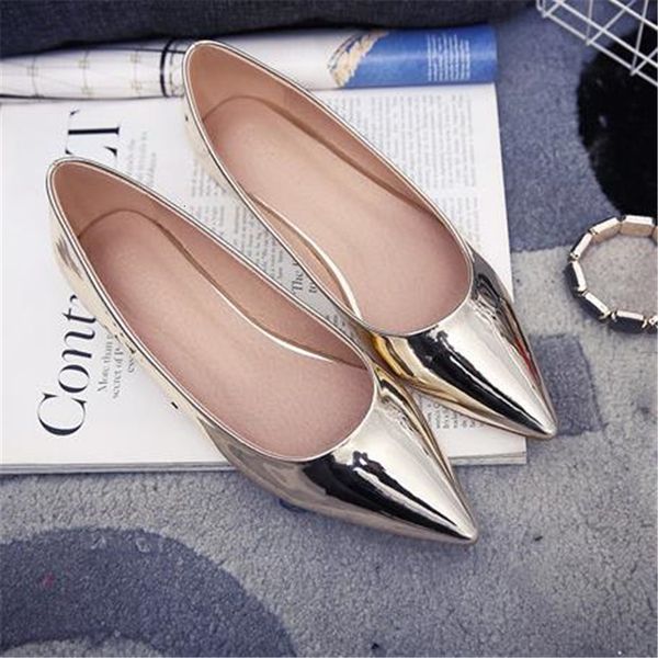 

sandals flat heel pointed toe flat shoes japanned leather silver single patent size 33 women's work 43 230419, Black