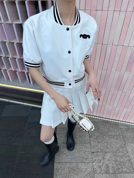 

23ss womens designer clothing shirt suit skirt set striped embroidered short sleeve high waist pleated short half skirt sets womens clothing, White