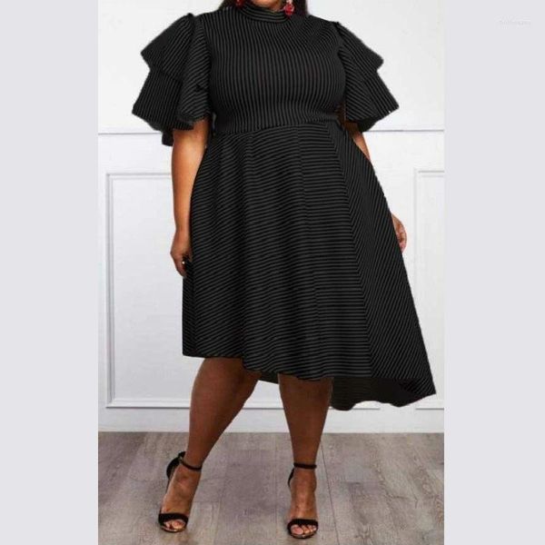 

plus size dresses evening dress women's printed round neck asymmetric hem ruff sleeve large fit elegant female clothes, Black